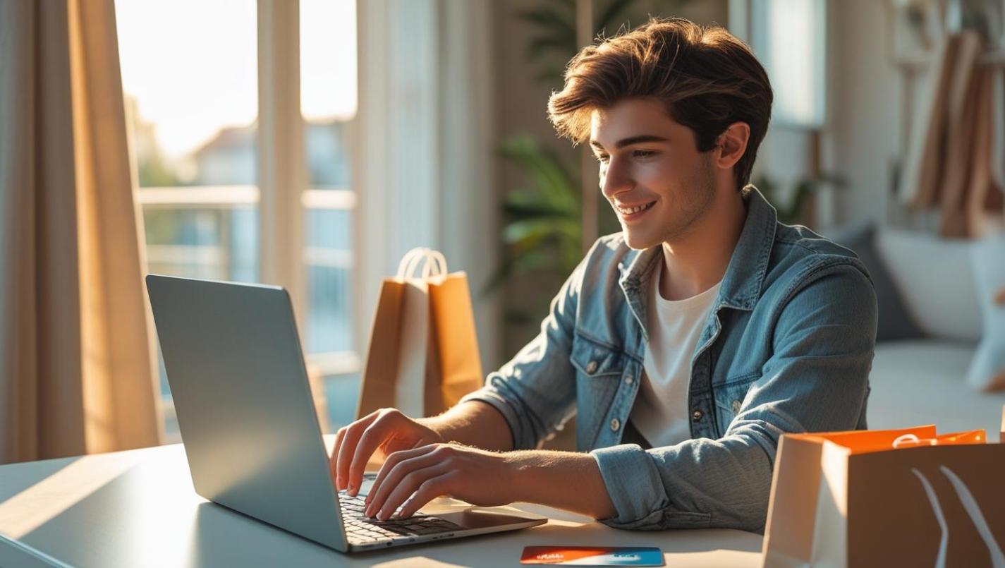 Young adult online shopping with laptop, credit card, and shopping bags nearby.