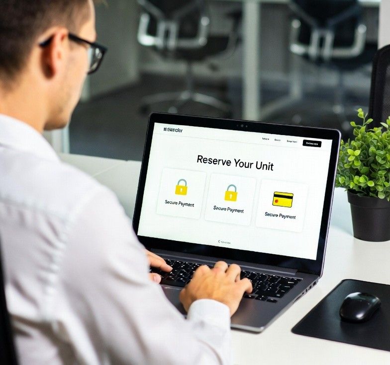 young professional using a laptop to reserve a condominium unit